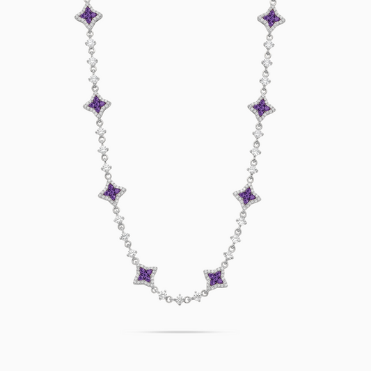 Silver Flower Tennis Chain - Purple Stones