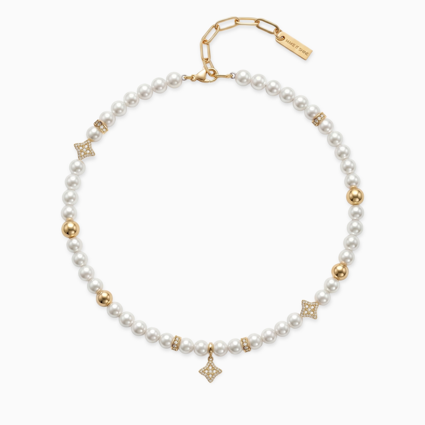 Gold Flower Pearl Chain - White Stones