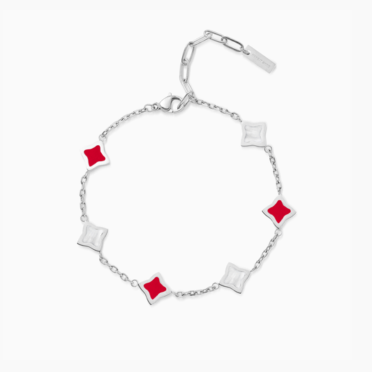 Silver Cable Flower Bracelet - White & Red Pattern