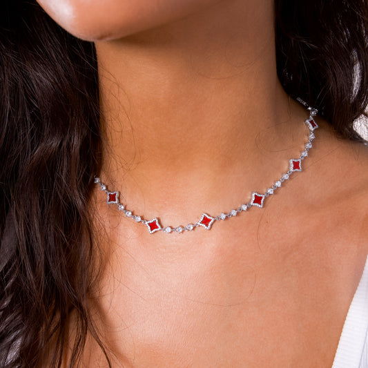 Silver Flower Tennis Chain - Red